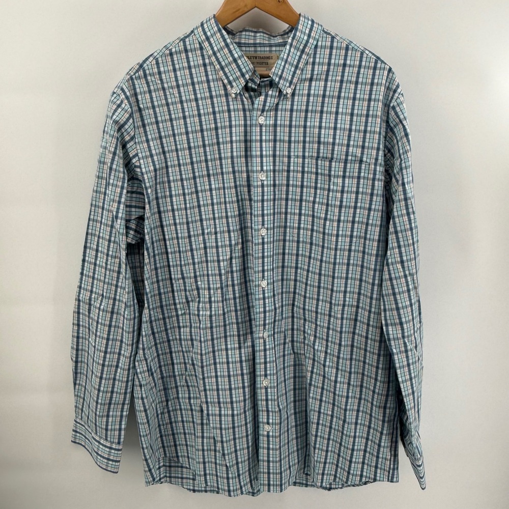 Duluth Trading Co Wrinklefighter Shirt XL Tall Trim Fit Blue Orange Plaid Cotton